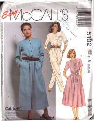 5102 MCCALLS EZ SHORT - LONG SLEEVE BUTTON FLARE DRESS, JUMPSUITS, BELT PATTERN 16-20